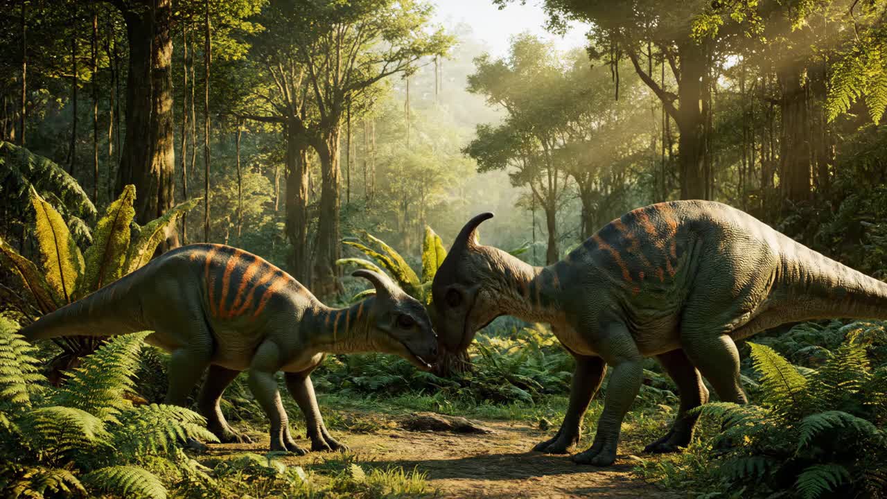 Parasaurolophus Dinosaurs in a Lush Forest