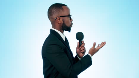 microphone, reporter and black man in studio