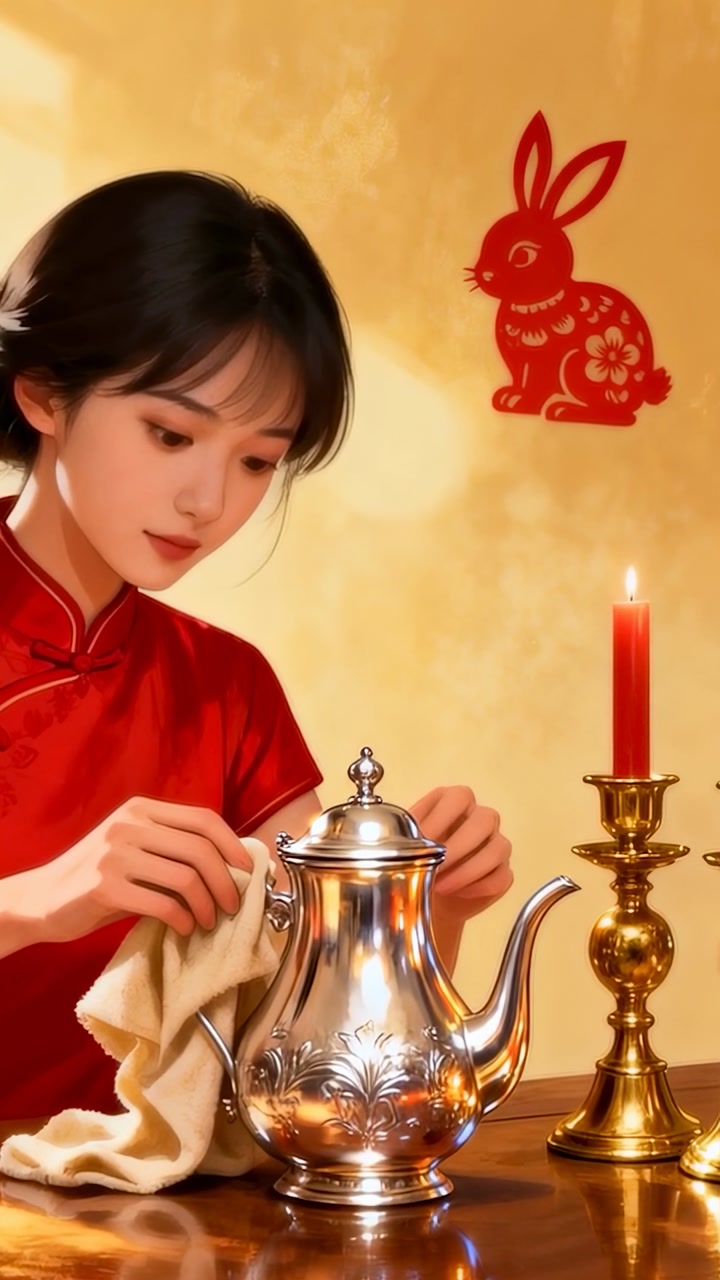 Vertical video: Leaning Asian woman in red polishing silver teapot at table for display, candle lit