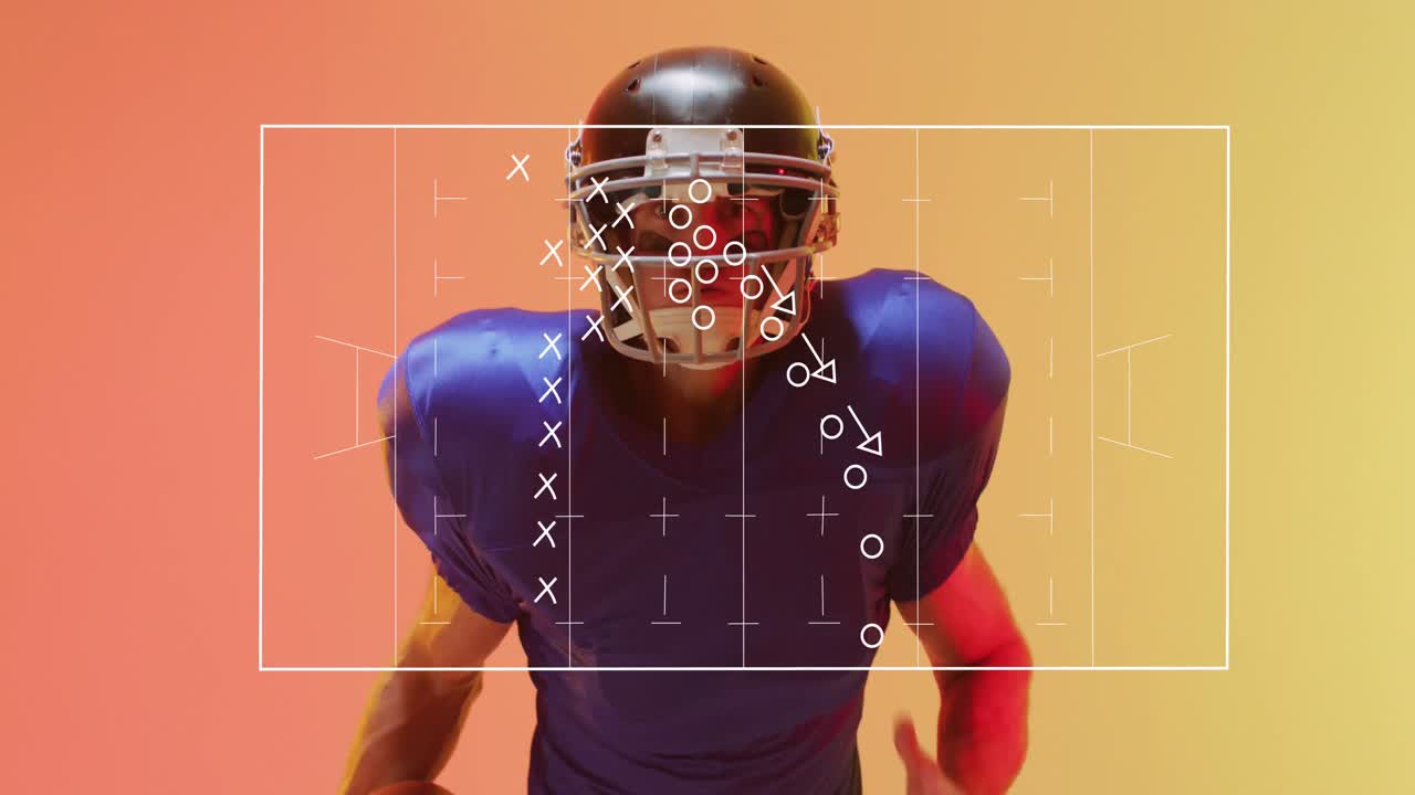 Animation of american football pitch over american football player on neon background