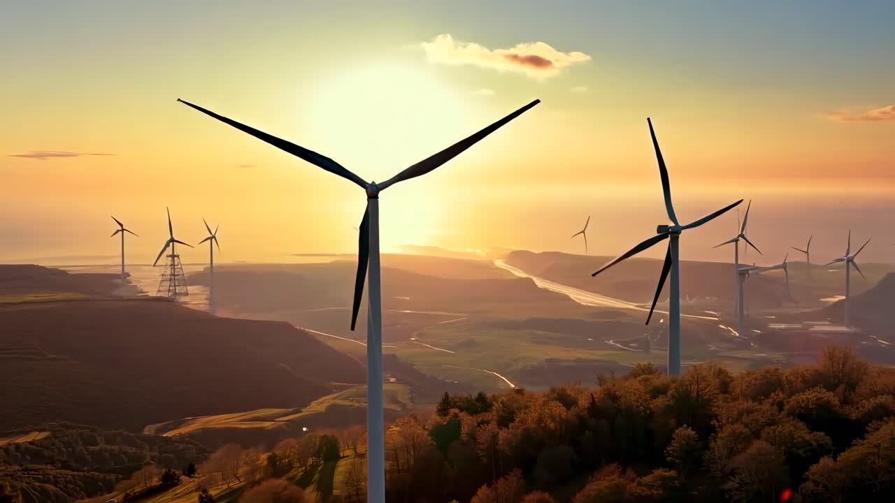 Ângulo de vídeo aéreo capturando um trabalhador em uma turbina eólica ao pôr do sol, destacando a energia renovável.