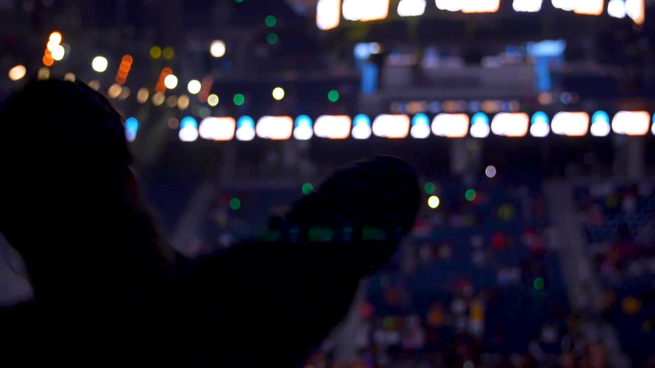A woman dances and claps her hands at a hip hop concert in Chicago. She's in an indoor stadium, there are tons of people and flashing lights. Everyone is very energetic.