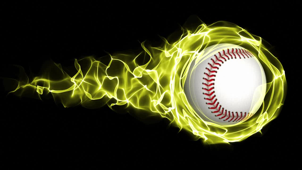 Palla da baseball in fiamme gialle, anello di particelle astratte, Loop, 4K