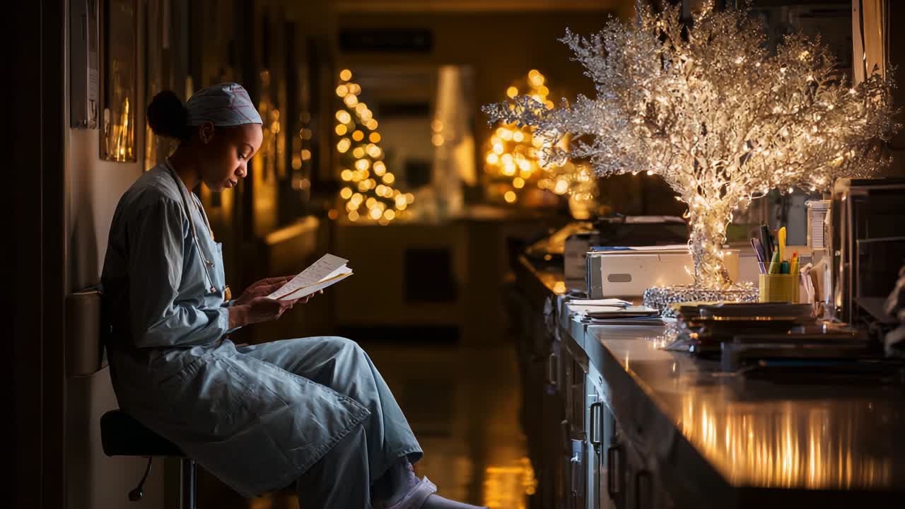 A Dedicated Caregiver Spending a Moment of Peace While Reading in a Calm Hospital Corridor Decorated with Holiday Lights and a Beautiful Silver Tree Enhancing the Cozy Atmosphere