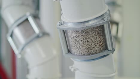 grain cascading through transparent inspection tubes at a state-of-the-art grain mill facility, showcasing large-scale food production on an industrial level