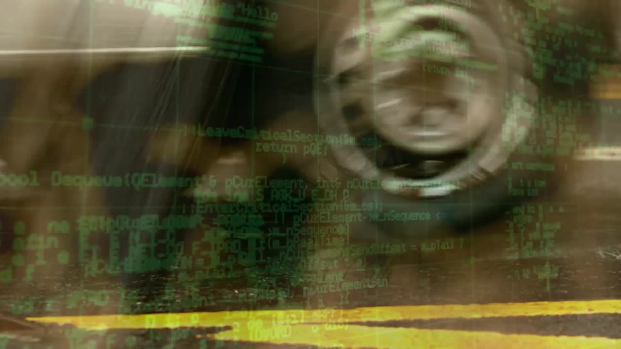 animación del procesamiento de datos en una pantalla digital sobre un coche todoterreno