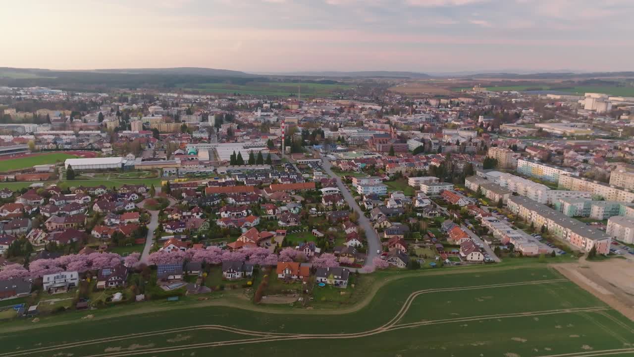 City at sunset. District of family houses from drone view, Svitavy. Czech Republic. Aerial shot