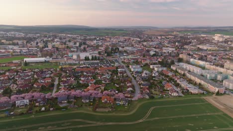 city at sunset. district of family houses from drone view, svitavy. czech republic. aerial shot