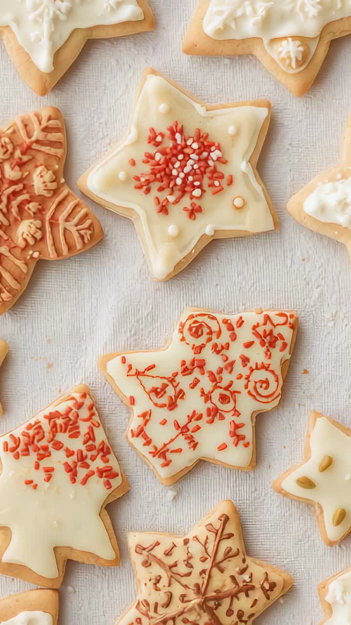 Vertical video: Panning cam revealing iced cookies on pale cloth, showing sprinkles, pearls, piping