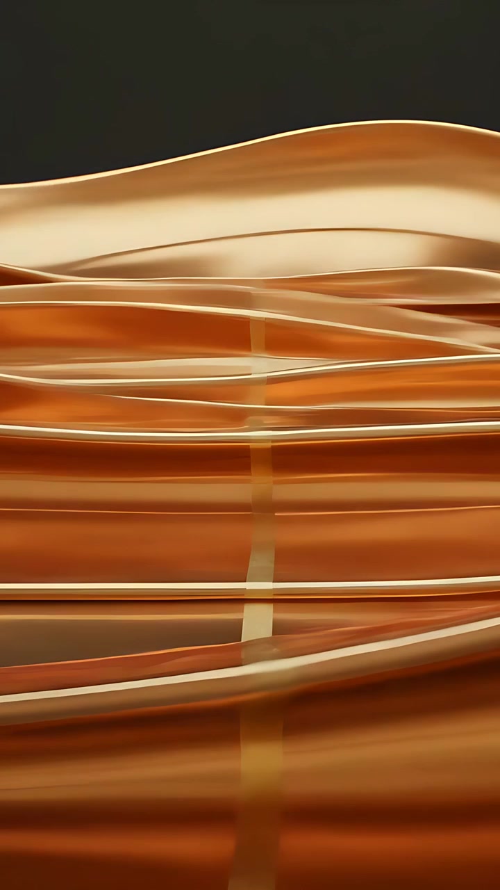Video verticale: Inizio della riproduzione, nastri dorati lucidi che scorrono su uno sfondo scuro rivelando una striscia chiara.