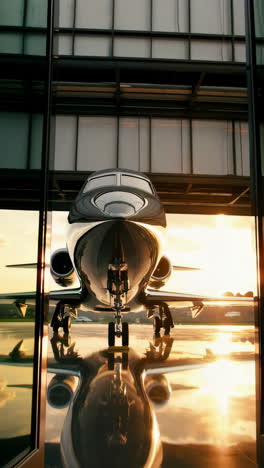 luxury private jet in hangar at sunrise/sunset