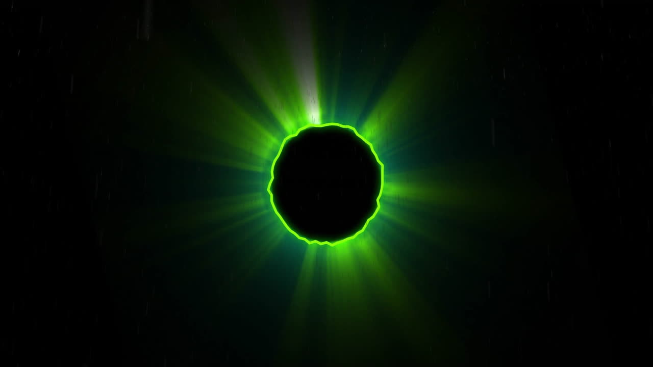Central black disk glowing with neon green corona, radiating energy lines in animated illustration
