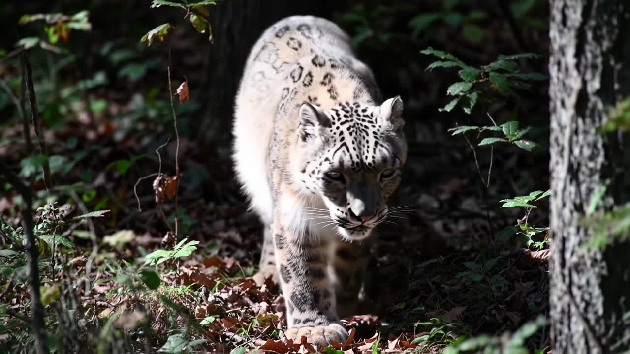 A Majestic Snow Leopard Navigating Through a Lush Forest, Showcasing Its Stealthy Movement and Beautiful Fur Patterns as It Hunts in Nature