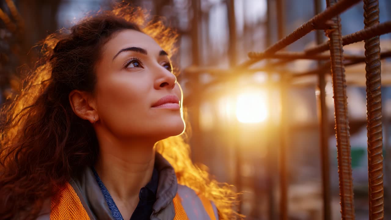 A determined young woman gazes upward with a hopeful expression amidst construction scaffolding, illuminated by the warm glow of the setting sun creating an inspiring moment of reflection and aspiration