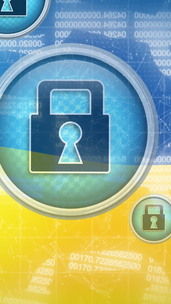 animación de cadena de bloques y candados digitales en círculos flotando sobre la bandera de ucrania