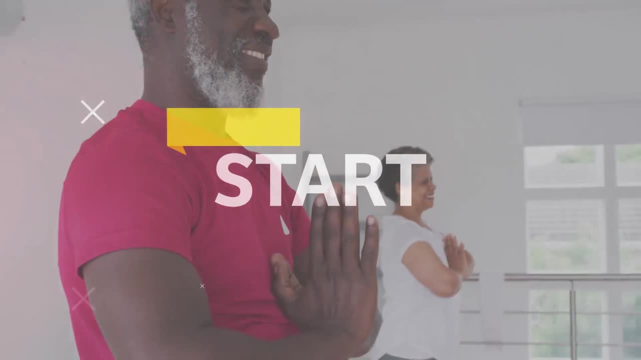 Start text and yellow banner against african american senior couple practicing yoga at home