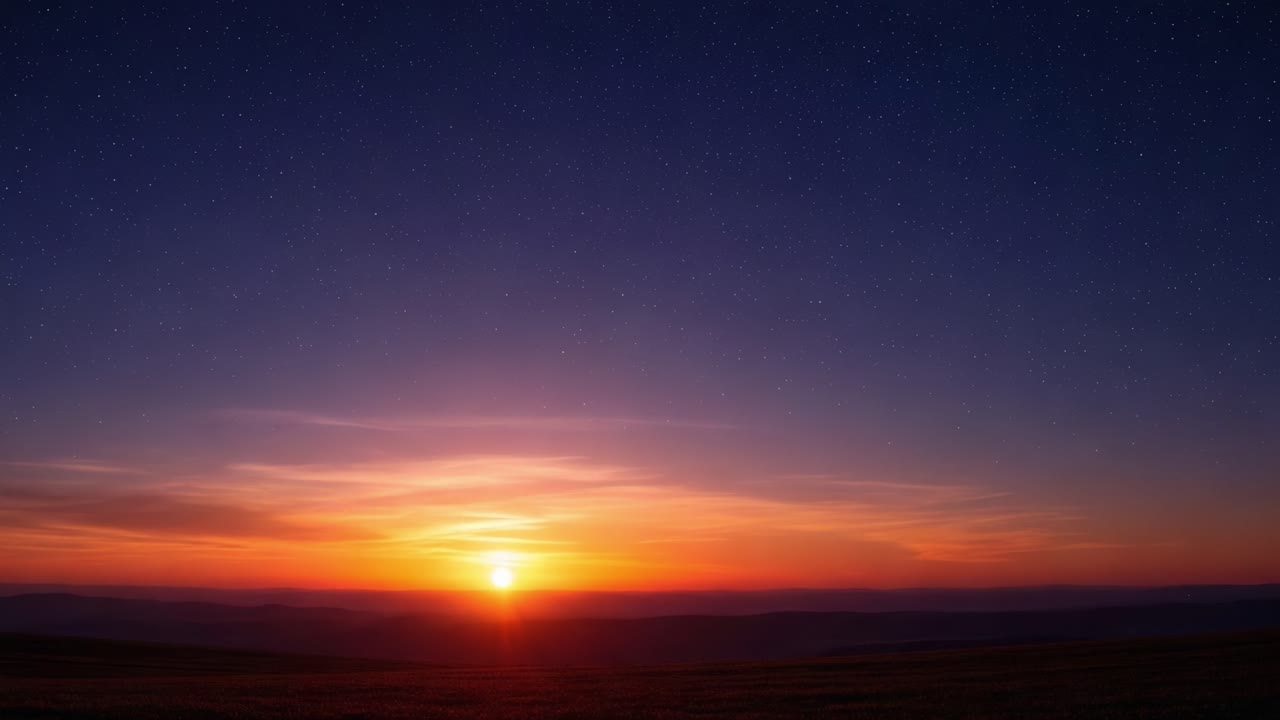 Vibrant Sunset or Sunrise with Starry Sky over a Landscape