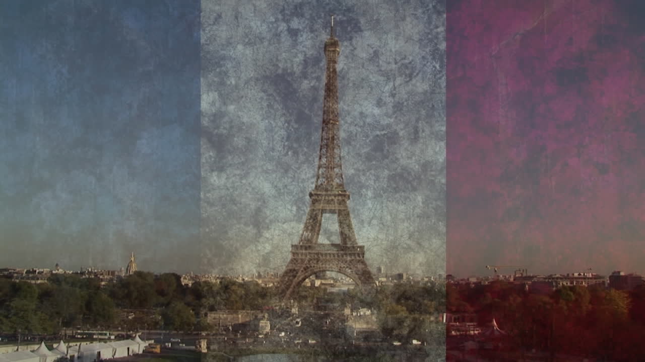 Animation of flag of france and eiffel tower background