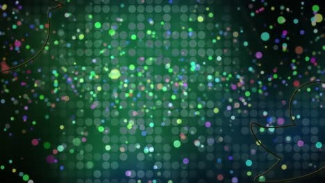 animación de pájaros de neón y puntos coloridos flotando sobre un fondo verde