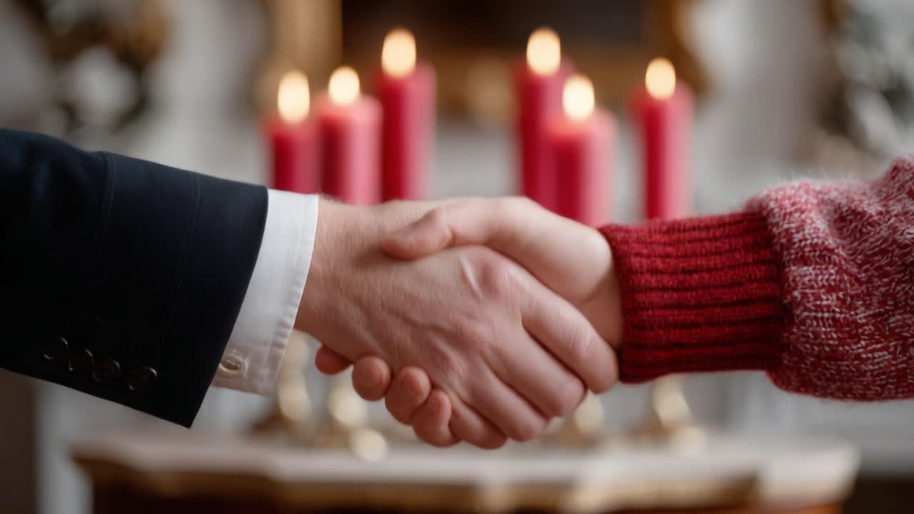 Una stretta di mano simbolica tra due persone circondate da candele illuminate, che enfatizza la connessione, l'accordo e la fiducia in un'atmosfera calorosa