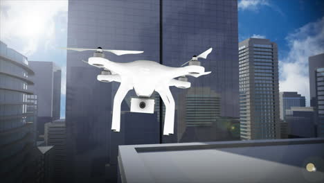animación de un avión no tripulado volando contra la vista del paisaje urbano