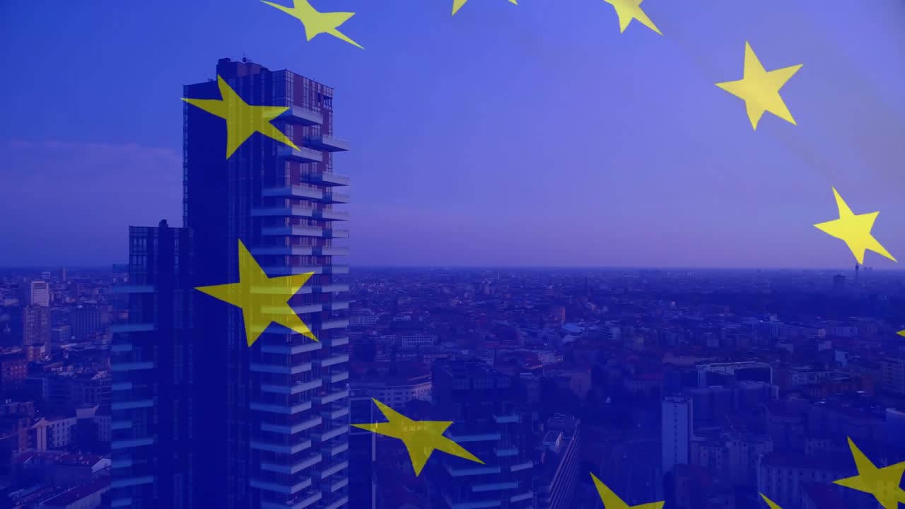 Bandiera dell'UE che sventola, rivelando una torre residenziale e lo skyline cittadino per il branding urbano.