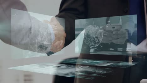 Animation of data processing over caucasian business people shaking hands
