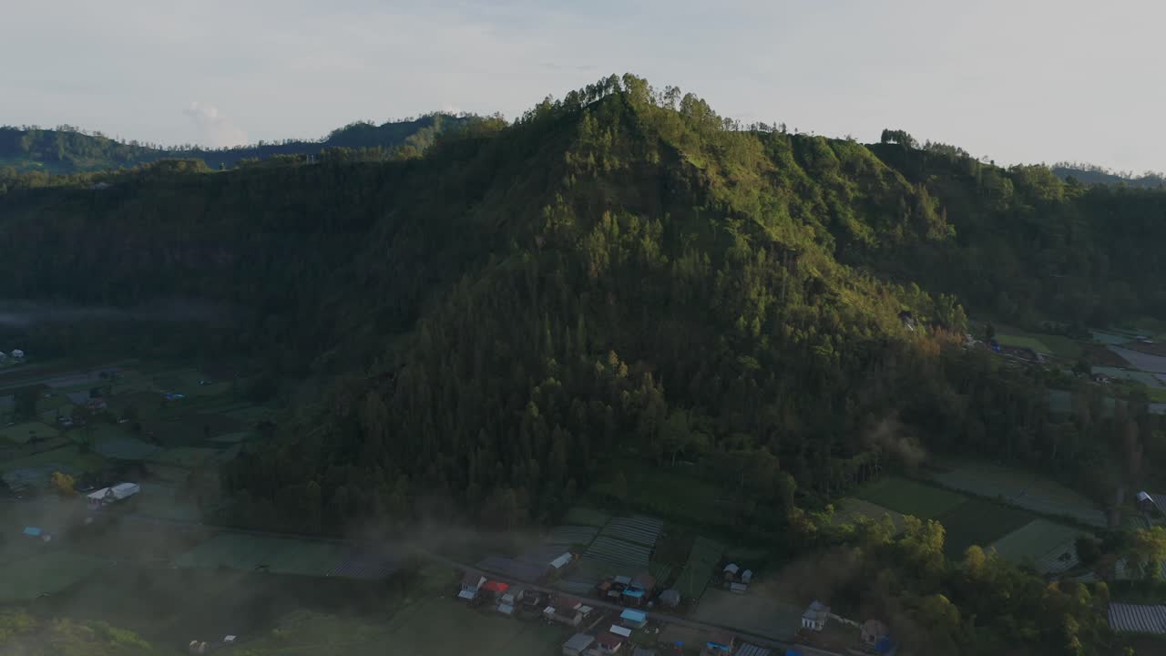 exuberante cordillera tropical de la caldera de batur del anillo exterior durante el amanecer, antena