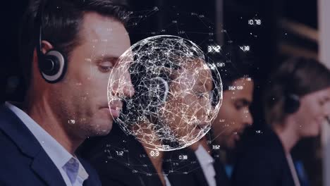 animation of globe with network of connections over diverse business people wearing phone headsets