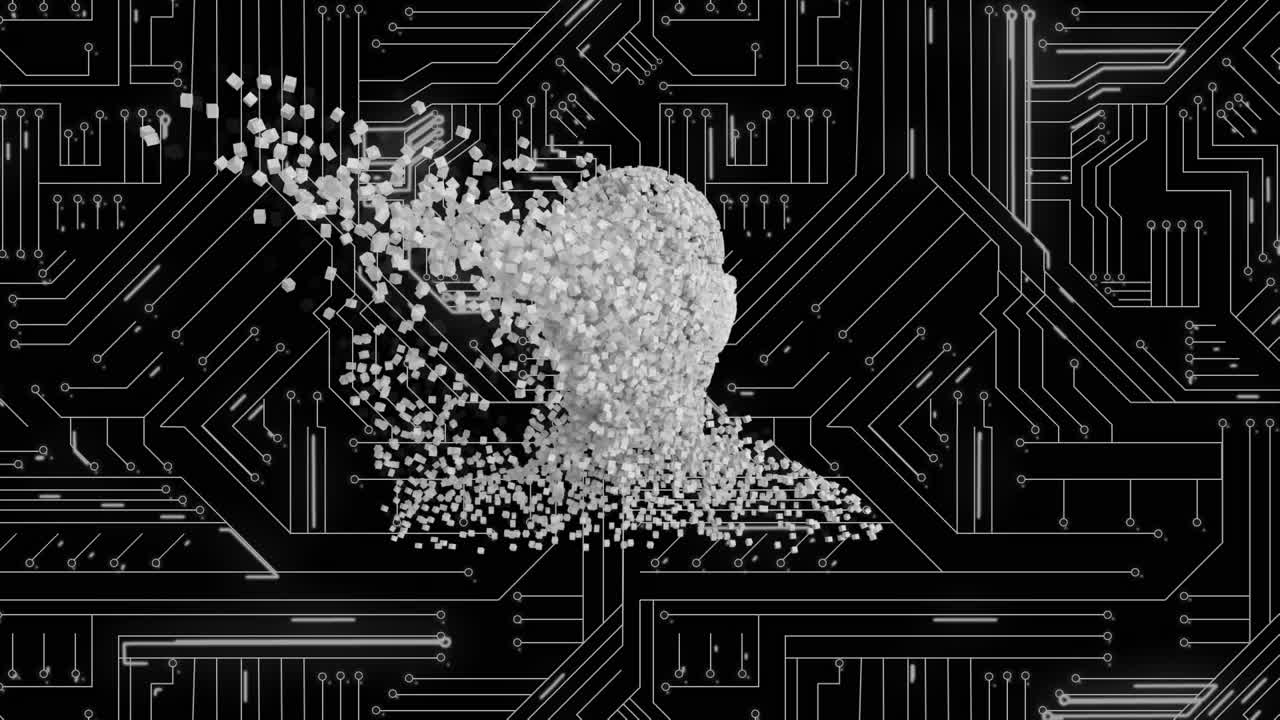 Moving human bust and computer circuit board