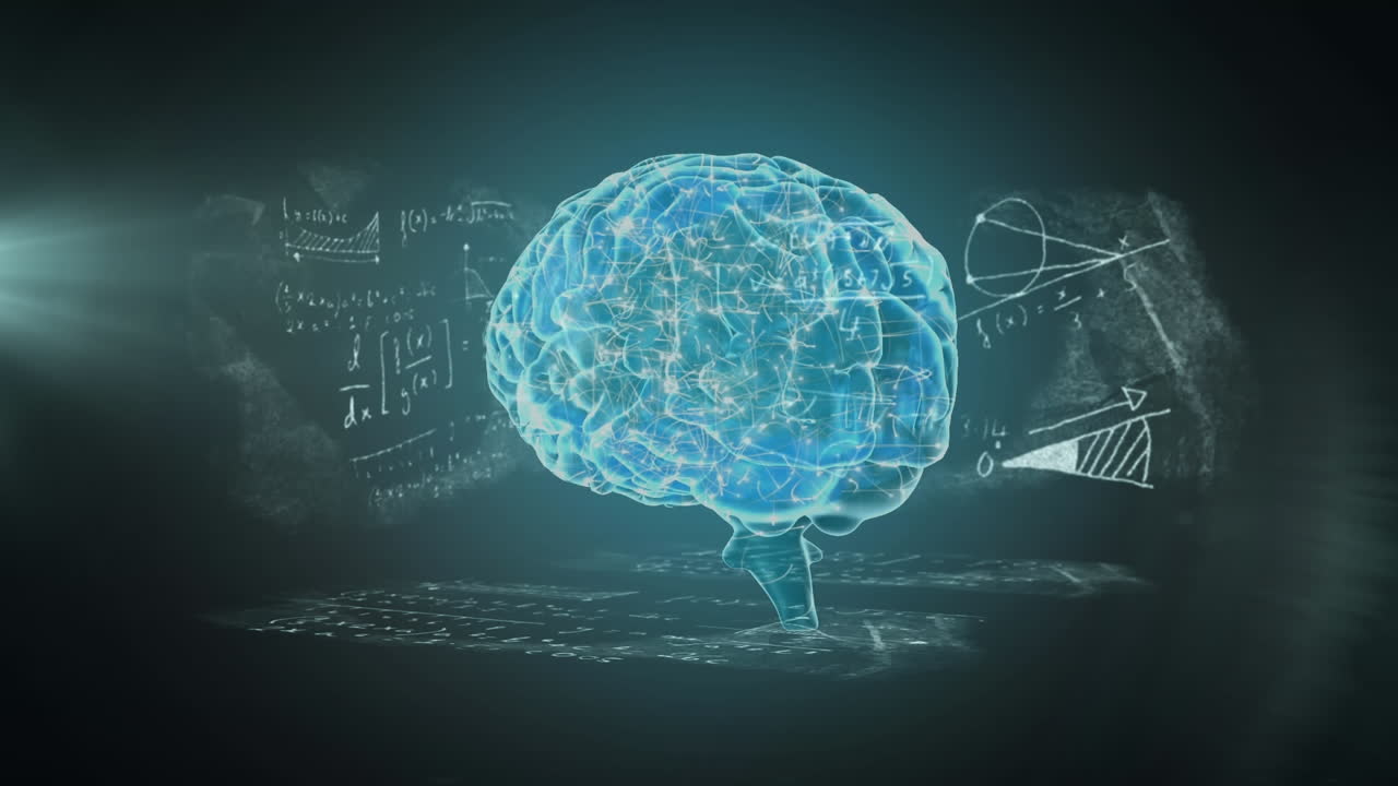 칠판에 손으로 쓰여진 수학 방정식의 애니메이션과 3d 뇌