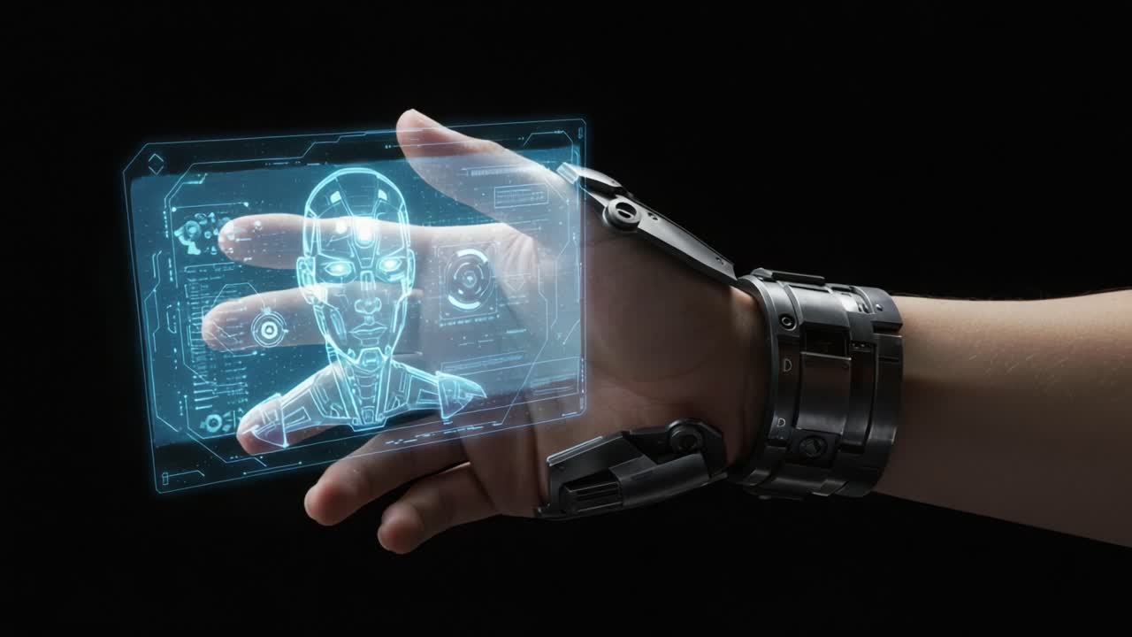 A Futuristic Robotic Hand Interacting with a Holographic Interface Displaying a Digital Face in an Immersive Technological Environment