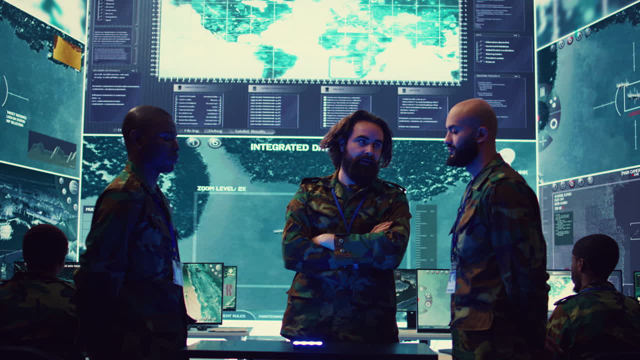 Army superior officers creating an attack plan using a hologram