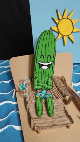 smiling cactus wearing colorful swimming trunks relaxes on a cardboard beach chair with a refreshing cocktail under a stylized sun, capturing a carefree summer vibe
