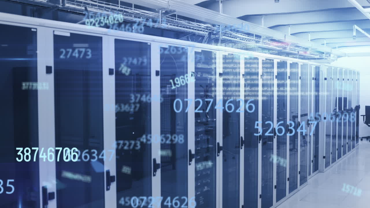 Animation of changing numbers and lens flares against serve room in background