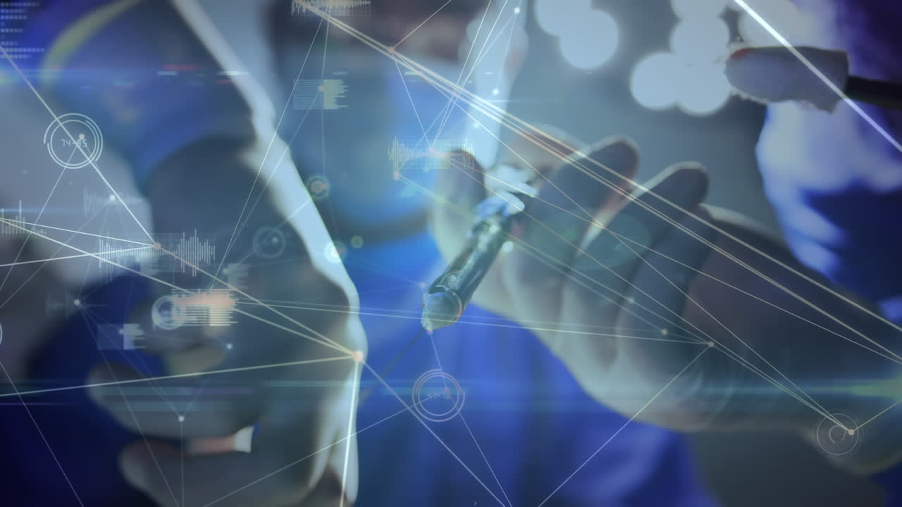 수술실에서 외과 의사들에 대한 연결 네트워크와 데이터 처리의 애니메이션