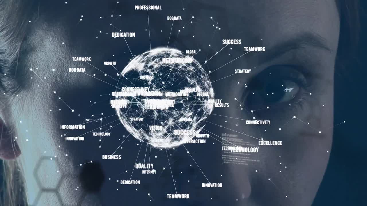 백인 여성의 눈에 대한 지구의 애니메이션과 데이터 처리