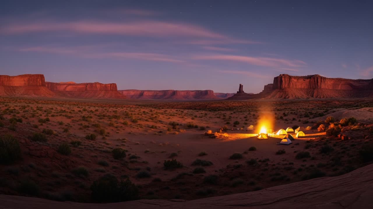 A Serene Night at the Campsite: Experience the Tranquility of Nature Under Starry Skies with Campfires Illuminating the Desert Landscape