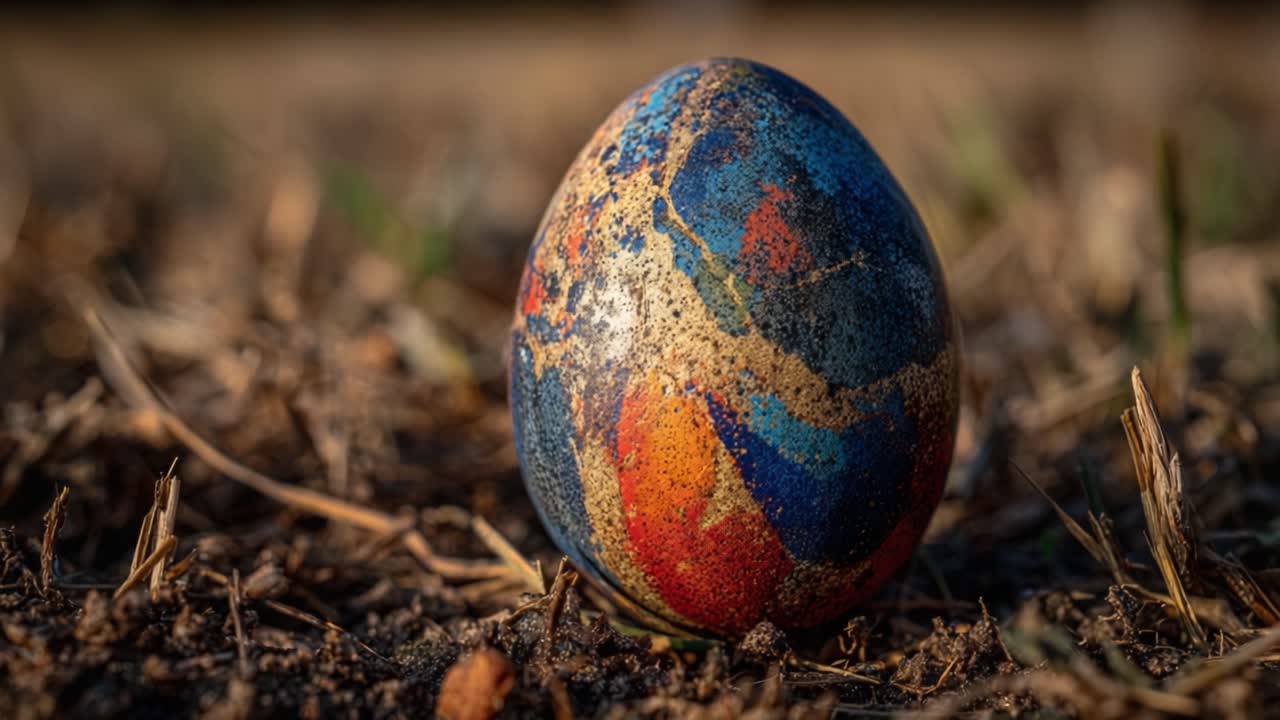 A Vibrantly Painted Egg Resting on Earthy Ground Surrounded by Natural Elements, Capturing the Essence of Seasonal Celebrations and Artistic Tradition