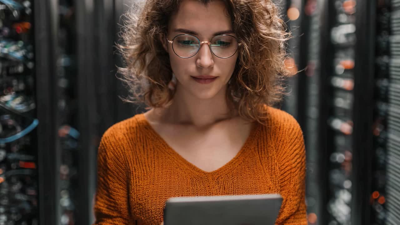 A Focused Professional Analyzes Data on a Tablet in a Modern Server Room Surrounded by High-Tech Equipment, Evoking a Sense of Innovation and Futurism