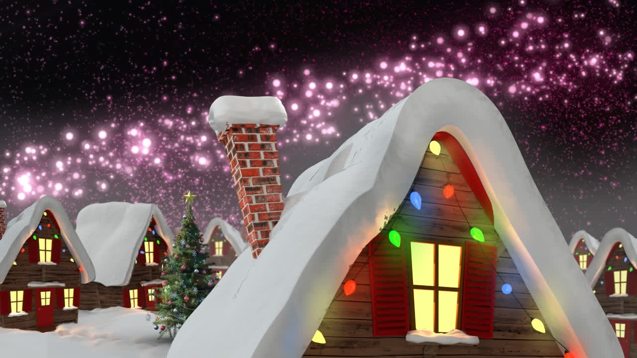 검은 바탕에 장식 된 집과 크리스마스 트리와 함께 겨울 풍경의 애니메이션