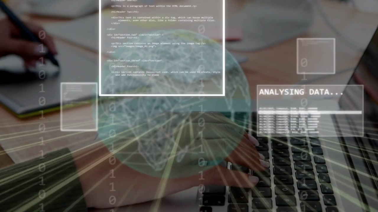 Donna che passa a digitare sul laptop mentre usa un tablet, generando un globo e analizzando sovrapposizioni di dati tecnologici