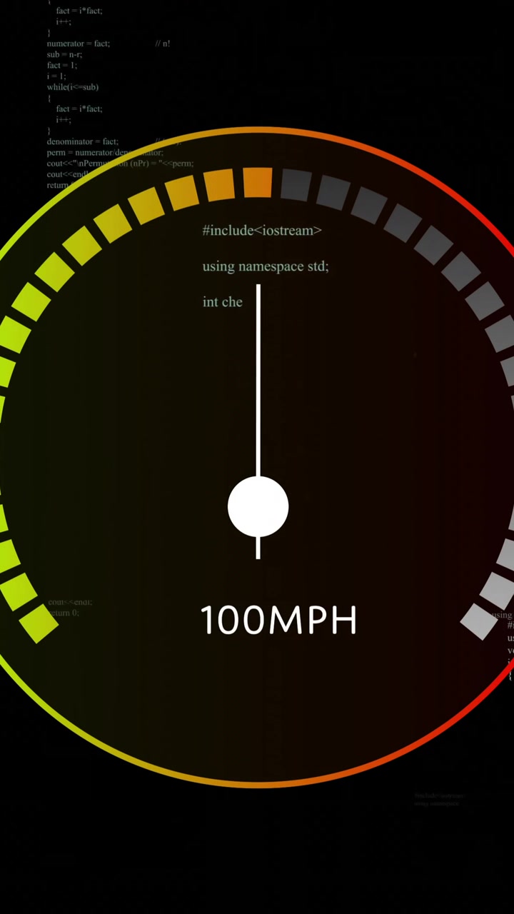 Animation of digital data processing over speedometer on black background