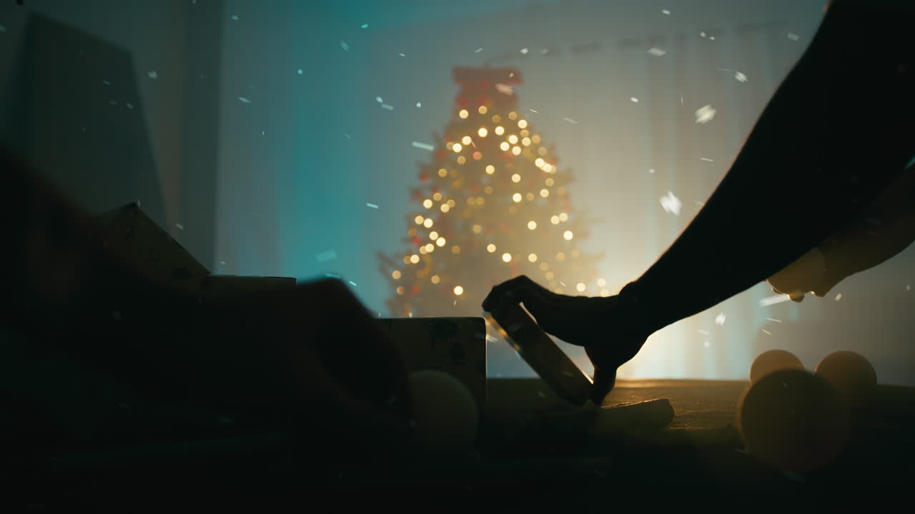 Silhouette hand of two people arranging Christmas presents in front tree night