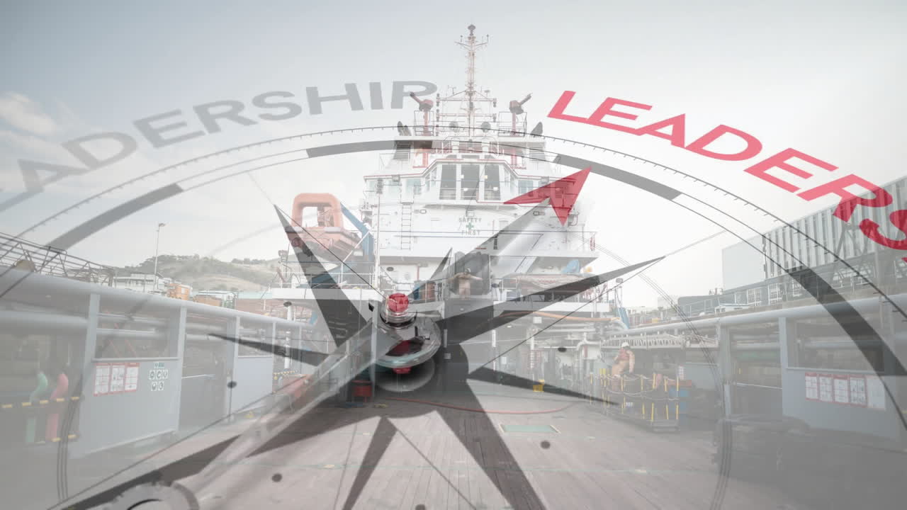 animación de la brújula girando con motivación y texto de negocios sobre el barco