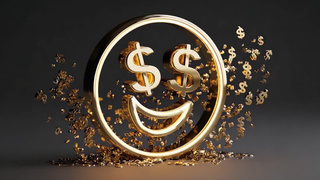 Una visualizzazione vivace e accattivante di un emoji giocoso con il simbolo del dollaro al posto degli occhi, su uno sfondo scuro, che trasmette divertimento e al contempo simboleggia ricchezza e successo