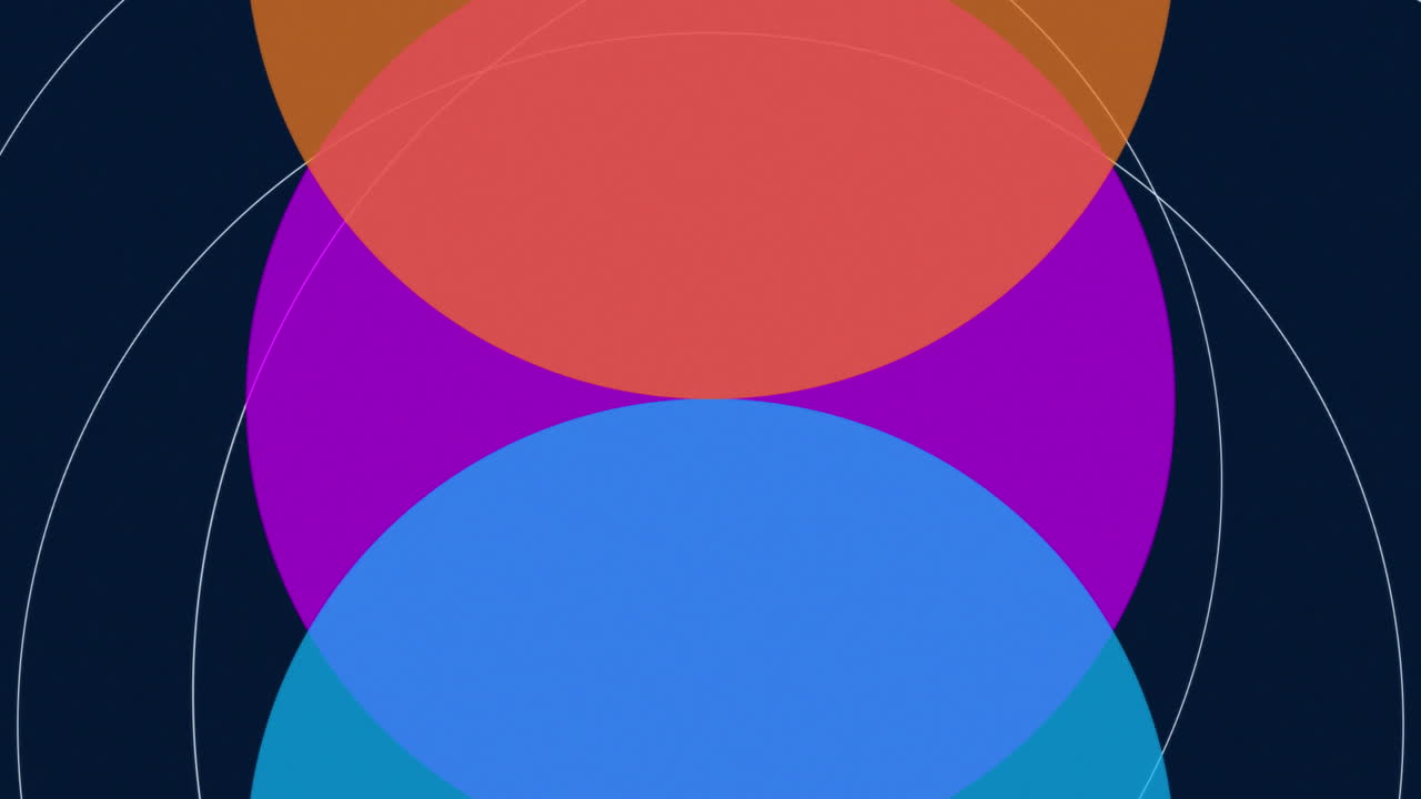 animación de círculos translúcidos azules, púrpuras y naranjas superpuestos que se mueven en negro