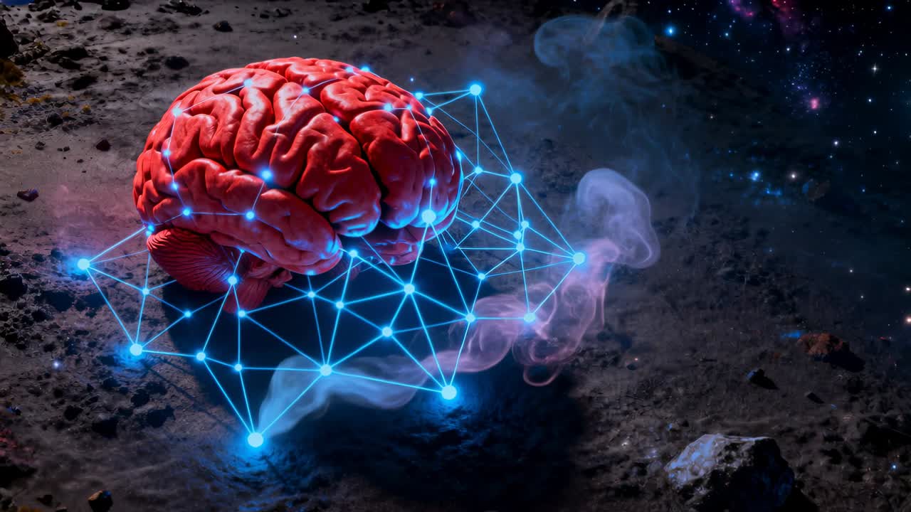 Resting red brain model above rocky ground, glowing blue lattice forming beneath and violet vapor