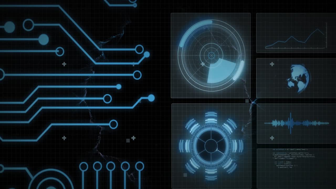 Animation of scope scanning and data processing over screens and computer circuit board