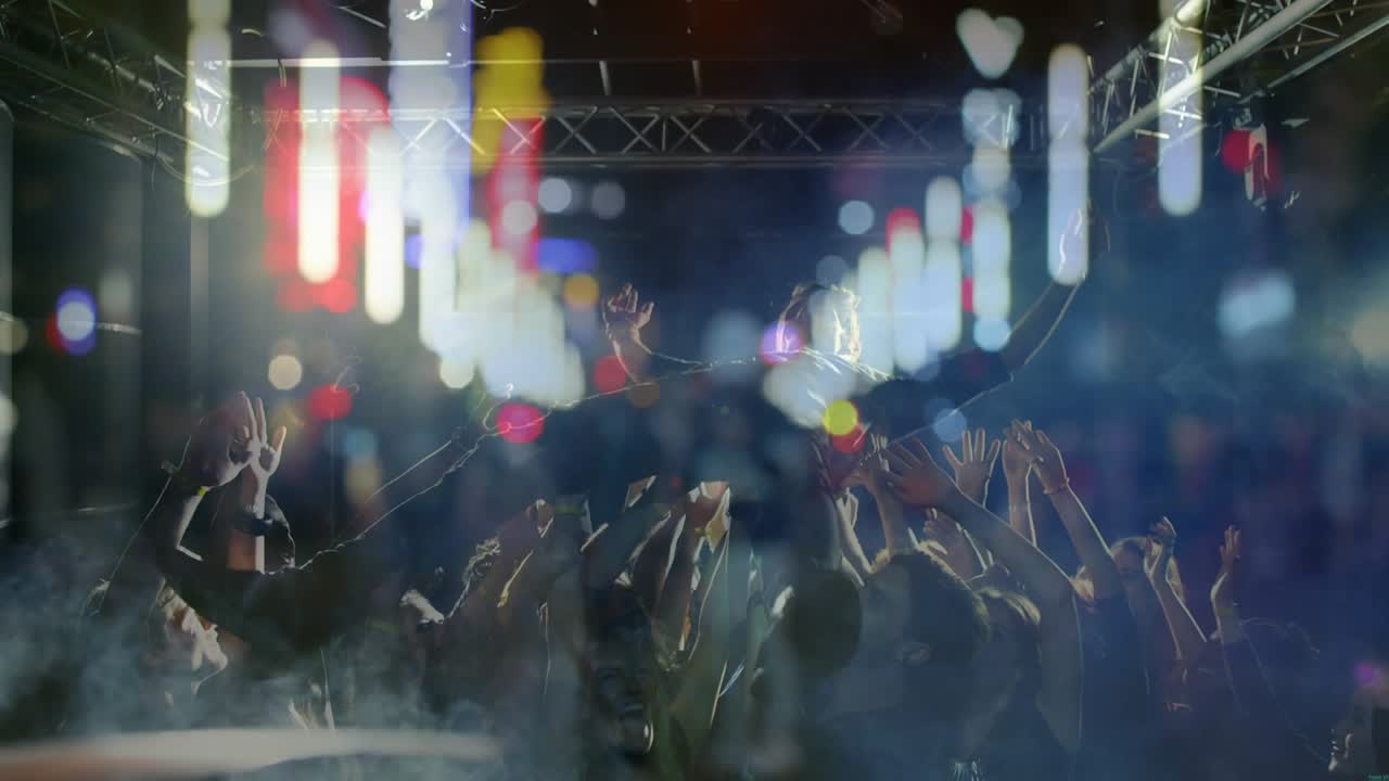 Concert performer diving into crowd, crowd-surfing under pulsing LED bars with floating heart icons